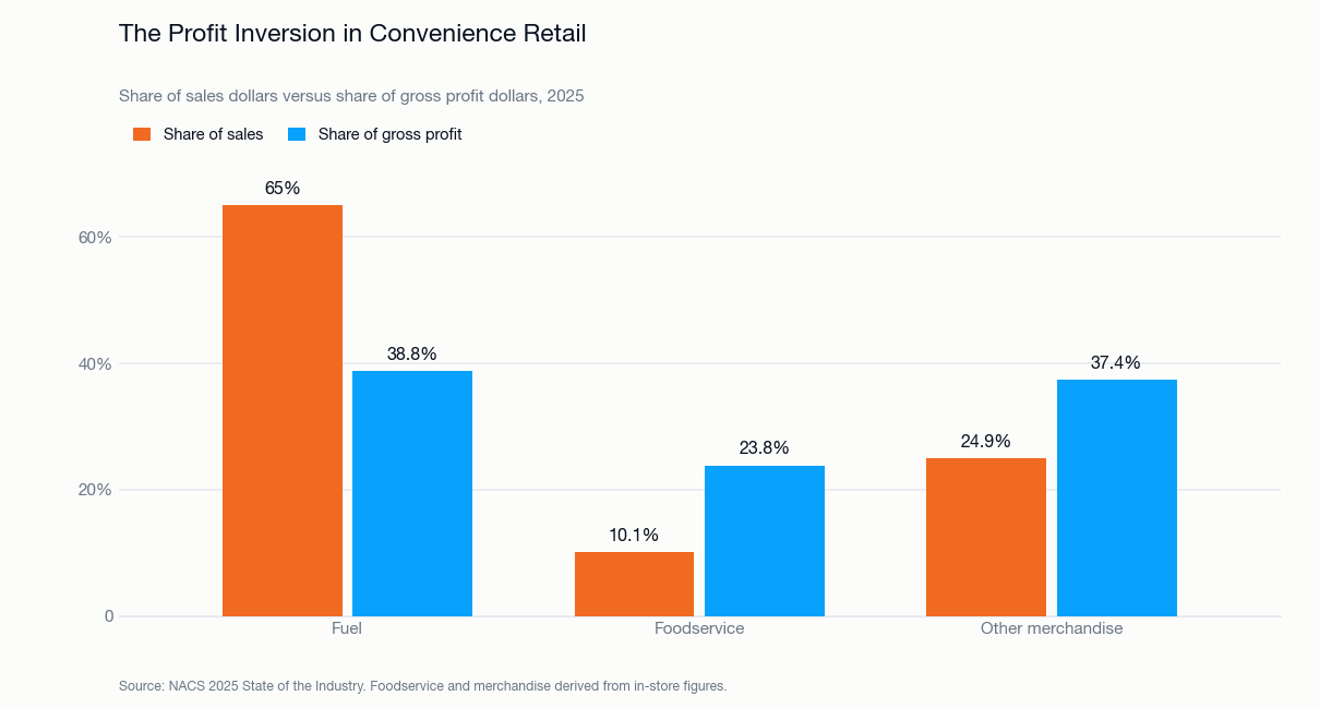 Convenience retail profit inversion: fuel is 65% of sales dollars but only 38.8% of gross profit, while foodservice is 10.1% of sales and 23.8% of gross profit